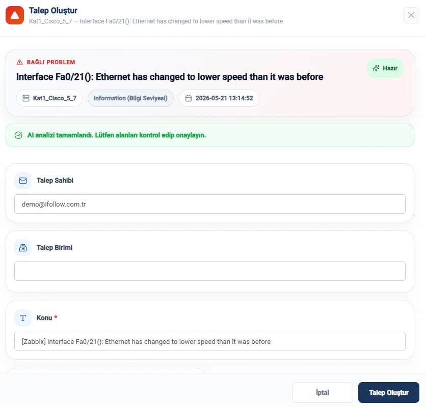 iFollow ITSM — Zabbix probleminden AI destekli talep oluşturma ekranı